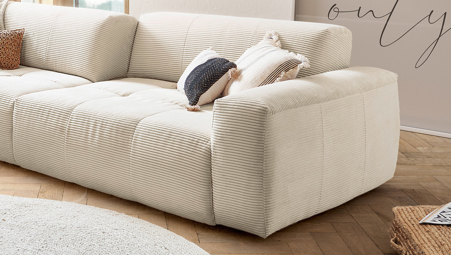 KAWOLA Big Sofa PALACE 3-Sitzer mit Sitztiefenverstellung Cord cremeweiß