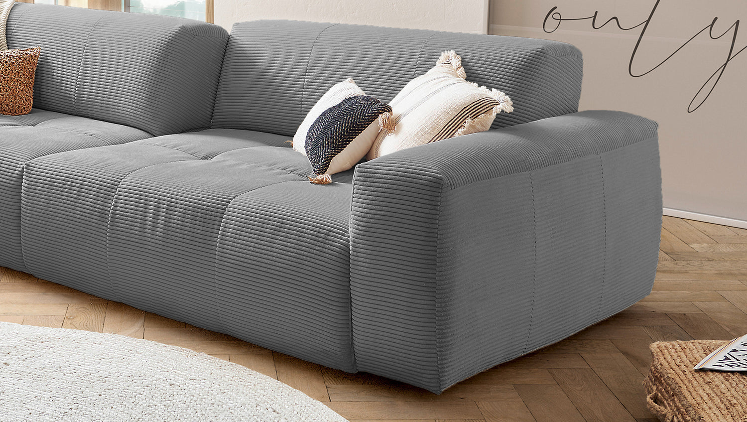 KAWOLA Big Sofa PALACE 3-Sitzer mit Sitztiefenverstellung Cord grau