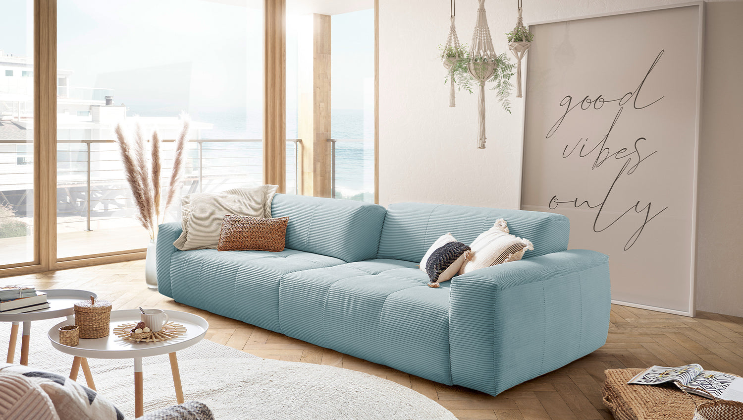 KAWOLA Big Sofa PALACE 3-Sitzer mit Sitztiefenverstellung Cord hellblau