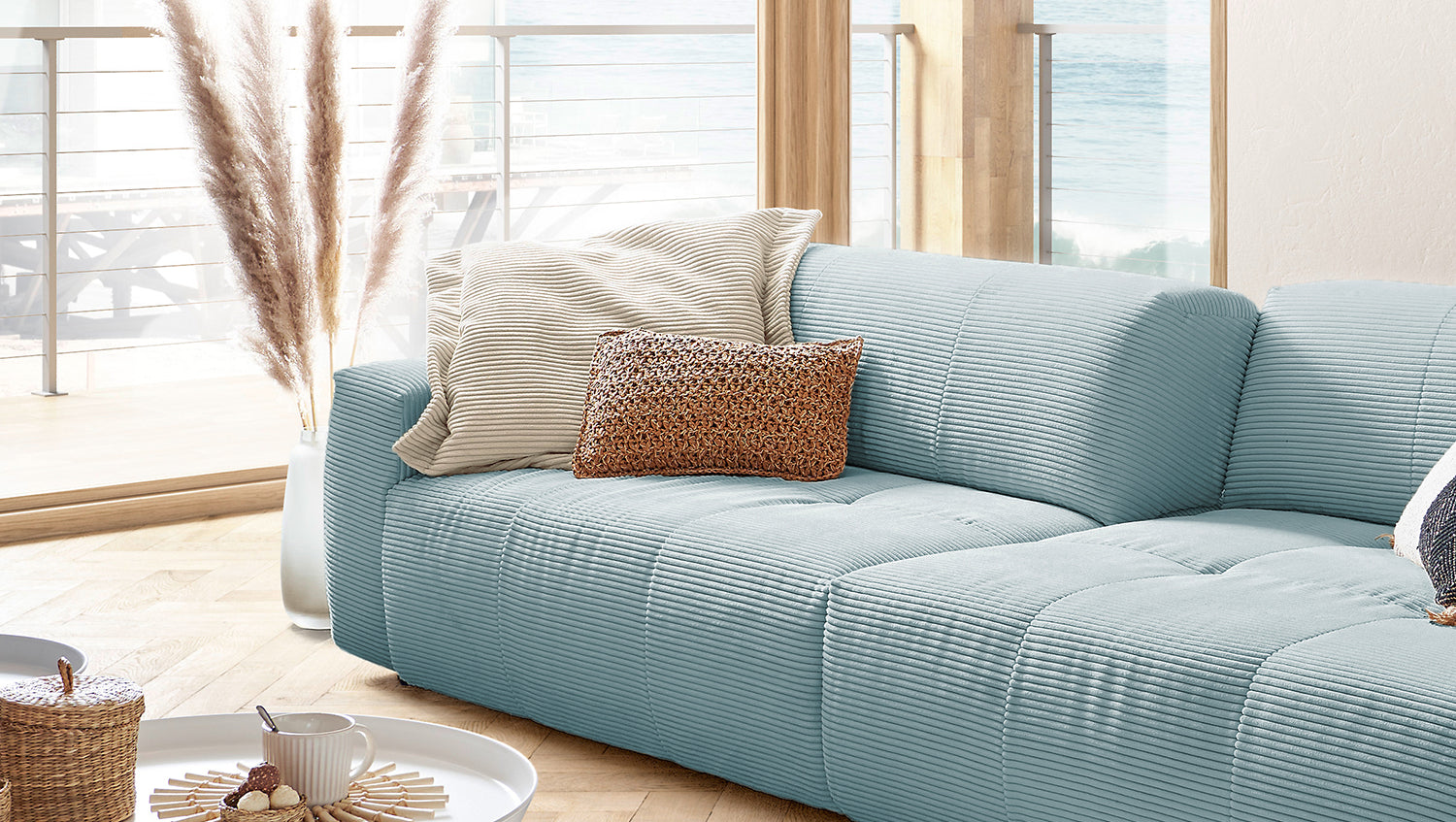 KAWOLA Big Sofa PALACE 3-Sitzer mit Sitztiefenverstellung Cord hellblau