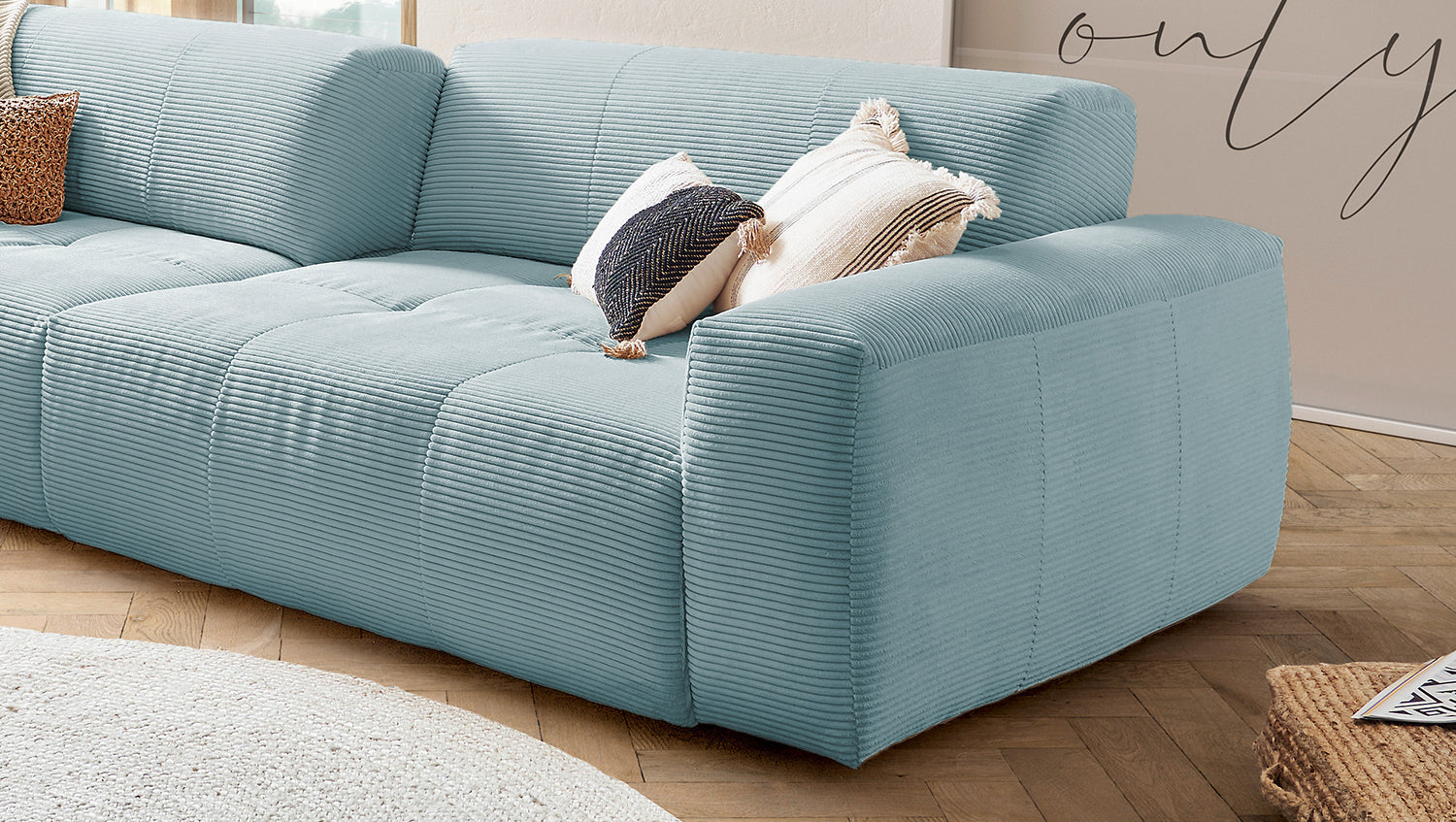 KAWOLA Big Sofa PALACE 3-Sitzer mit Sitztiefenverstellung Cord hellblau