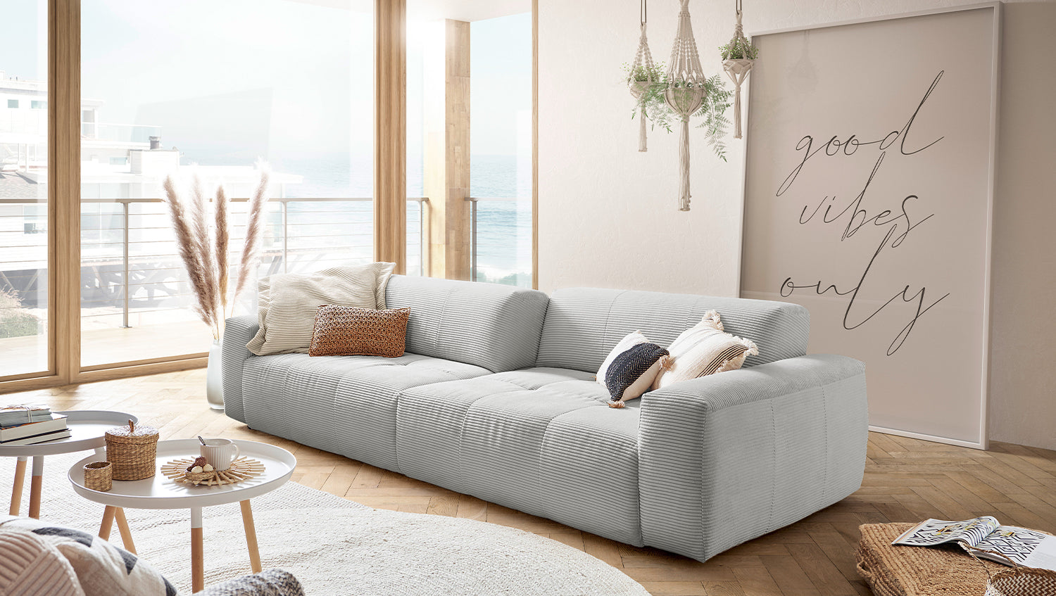 KAWOLA Big Sofa PALACE 3-Sitzer mit Sitztiefenverstellung Cord hellgrau