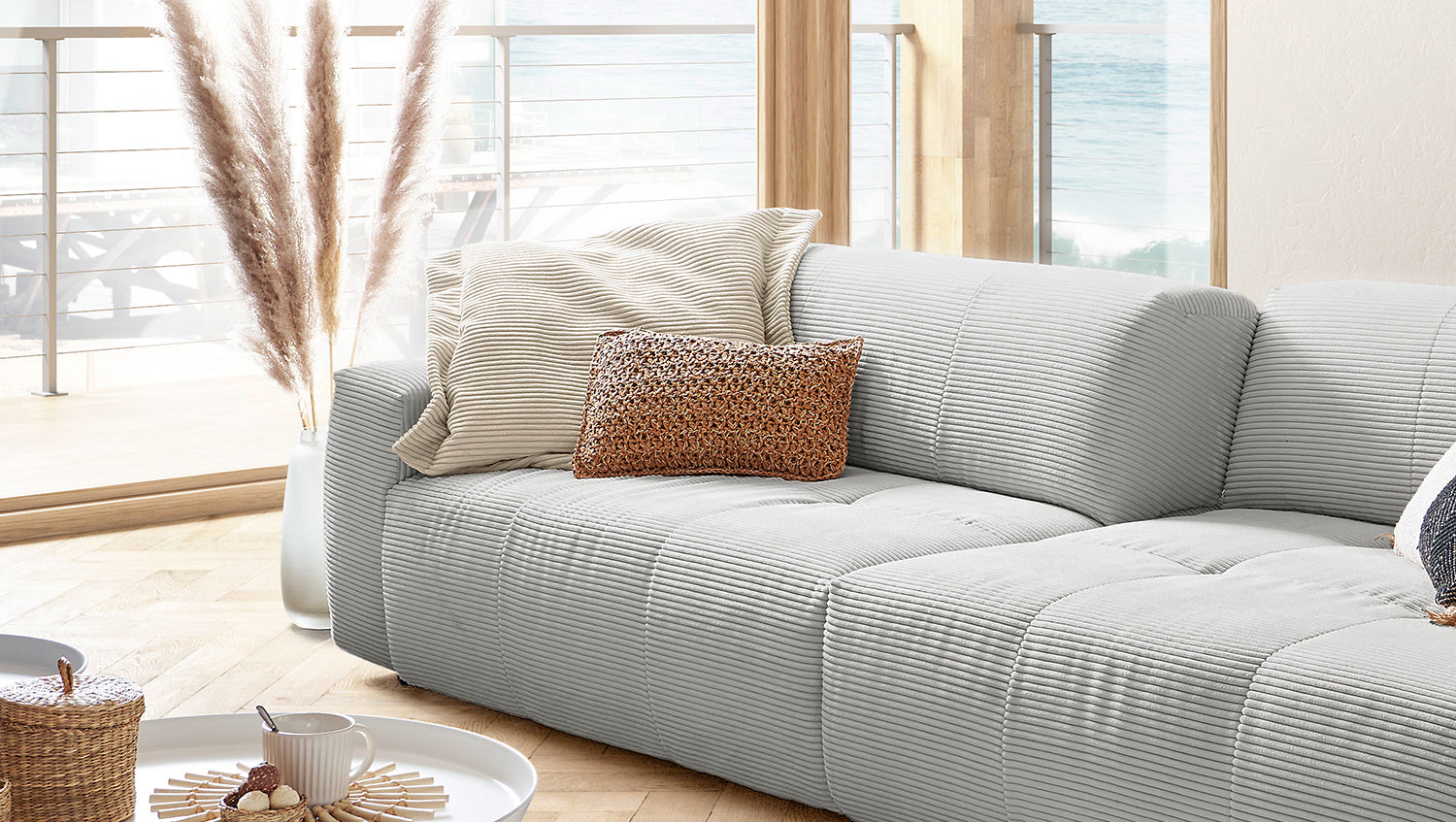KAWOLA Big Sofa PALACE 3-Sitzer mit Sitztiefenverstellung Cord hellgrau