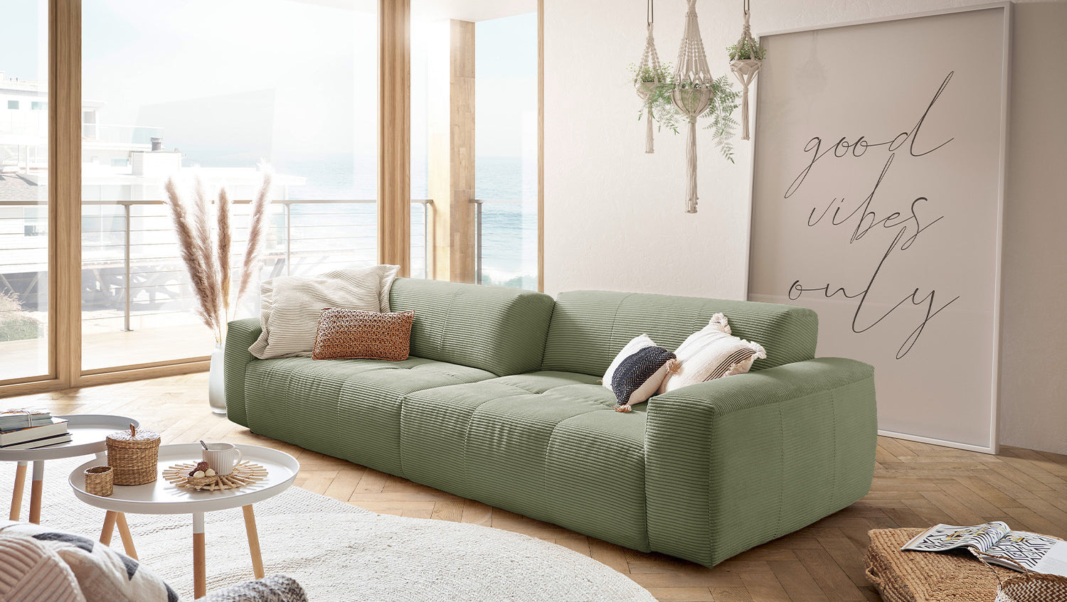 KAWOLA Big Sofa PALACE 3-Sitzer mit Sitztiefenverstellung Cord olivgrün