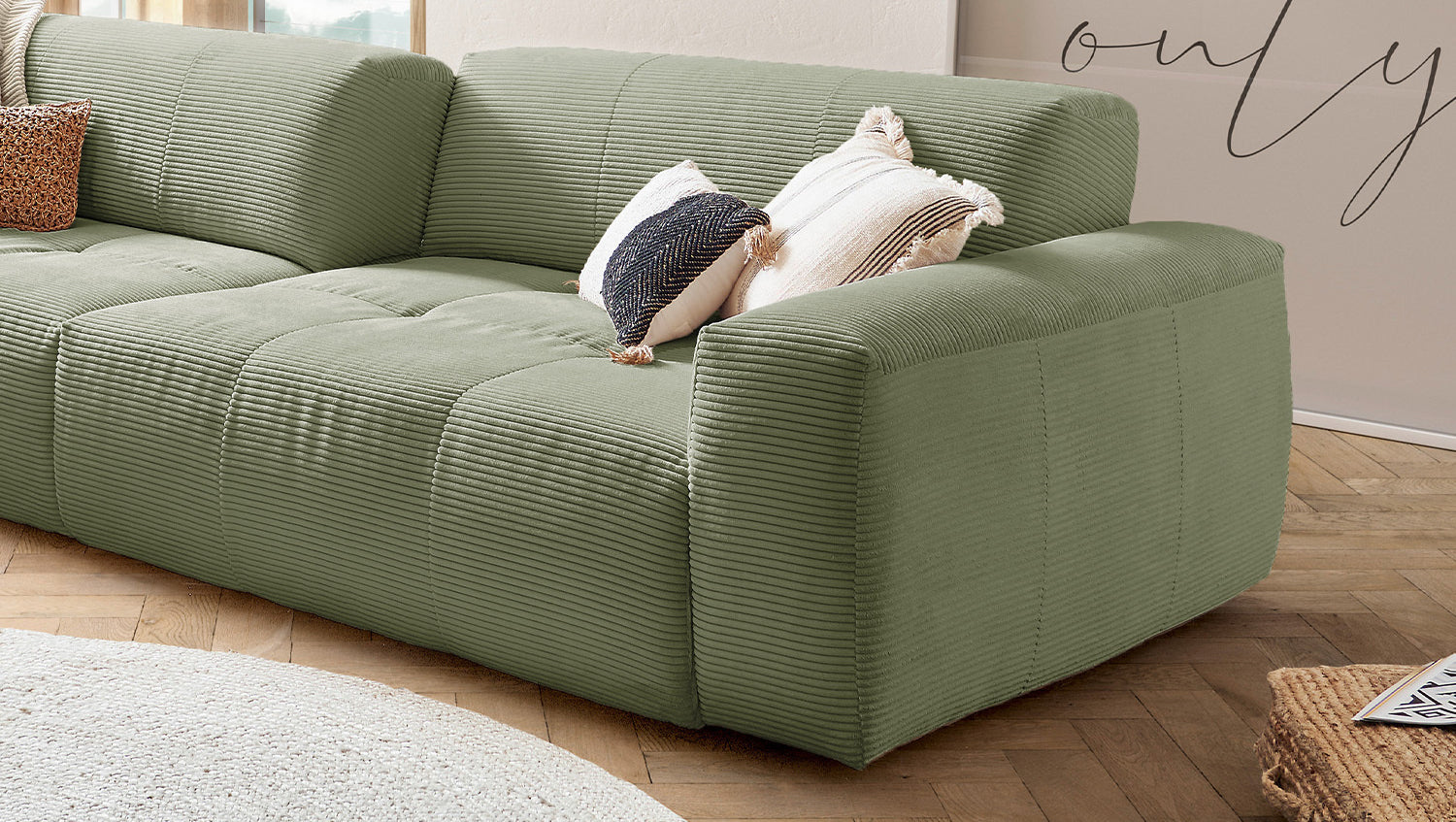 KAWOLA Big Sofa PALACE 3-Sitzer mit Sitztiefenverstellung Cord olivgrün
