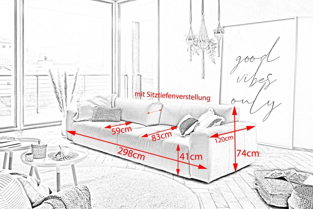 KAWOLA Big Sofa PALACE 3-Sitzer mit Sitztiefenverstellung Leder brandy