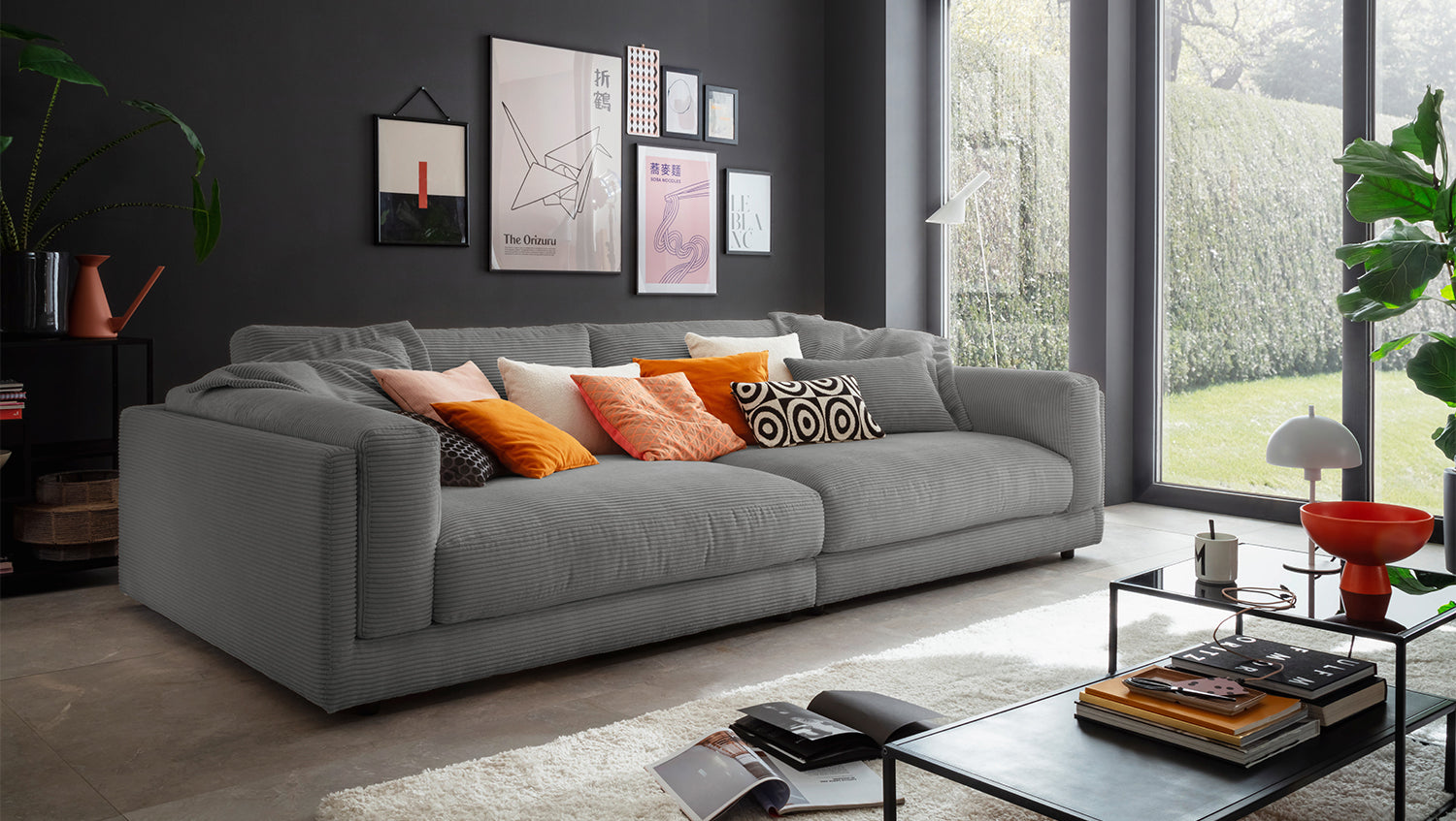 KAWOLA Big Sofa RAINA Cord grau, 254 x 150