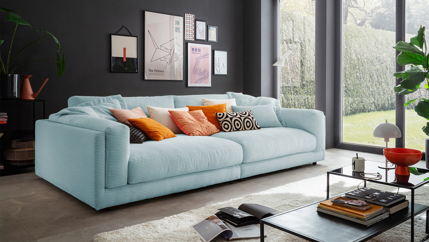 KAWOLA Big Sofa RAINA Cord hellblau, 294 x 150