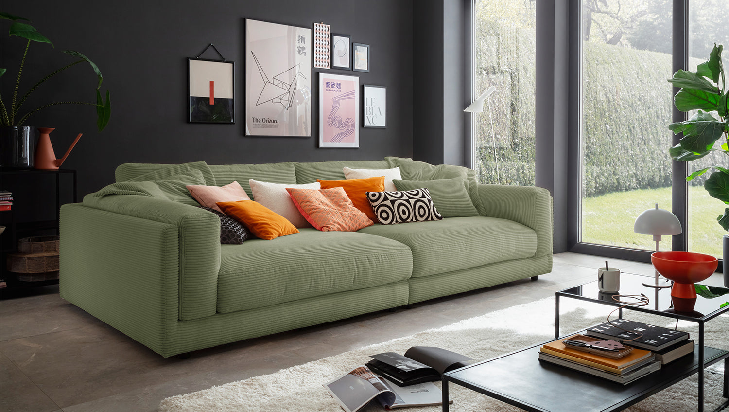 KAWOLA Big Sofa RAINA Cord olivgrün, 254 x 150