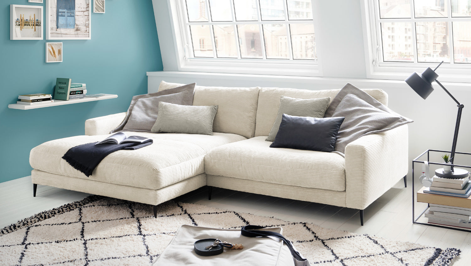 KAWOLA Ecksofa CARA Sofa Cord cremeweiß, Links
