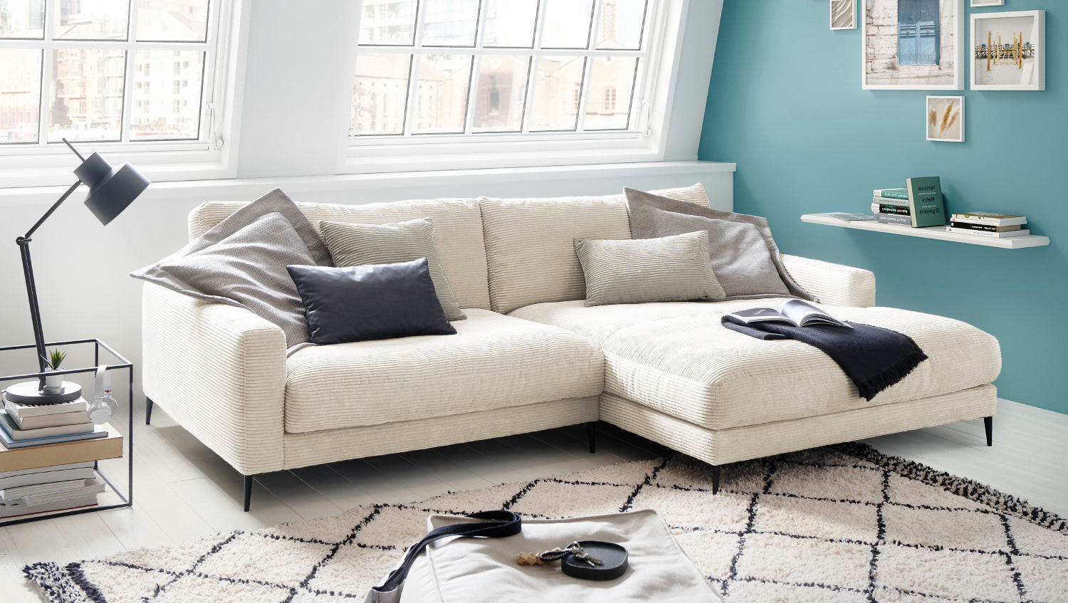 KAWOLA Ecksofa CARA Sofa Cord cremeweiß, Rechts