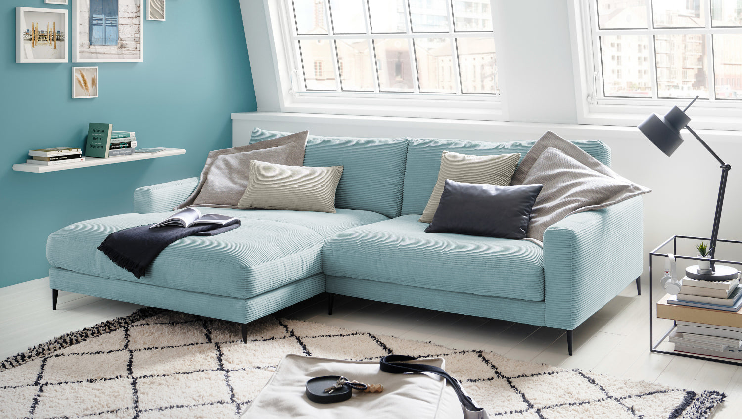 KAWOLA Ecksofa CARA Sofa Cord hellblau, Links