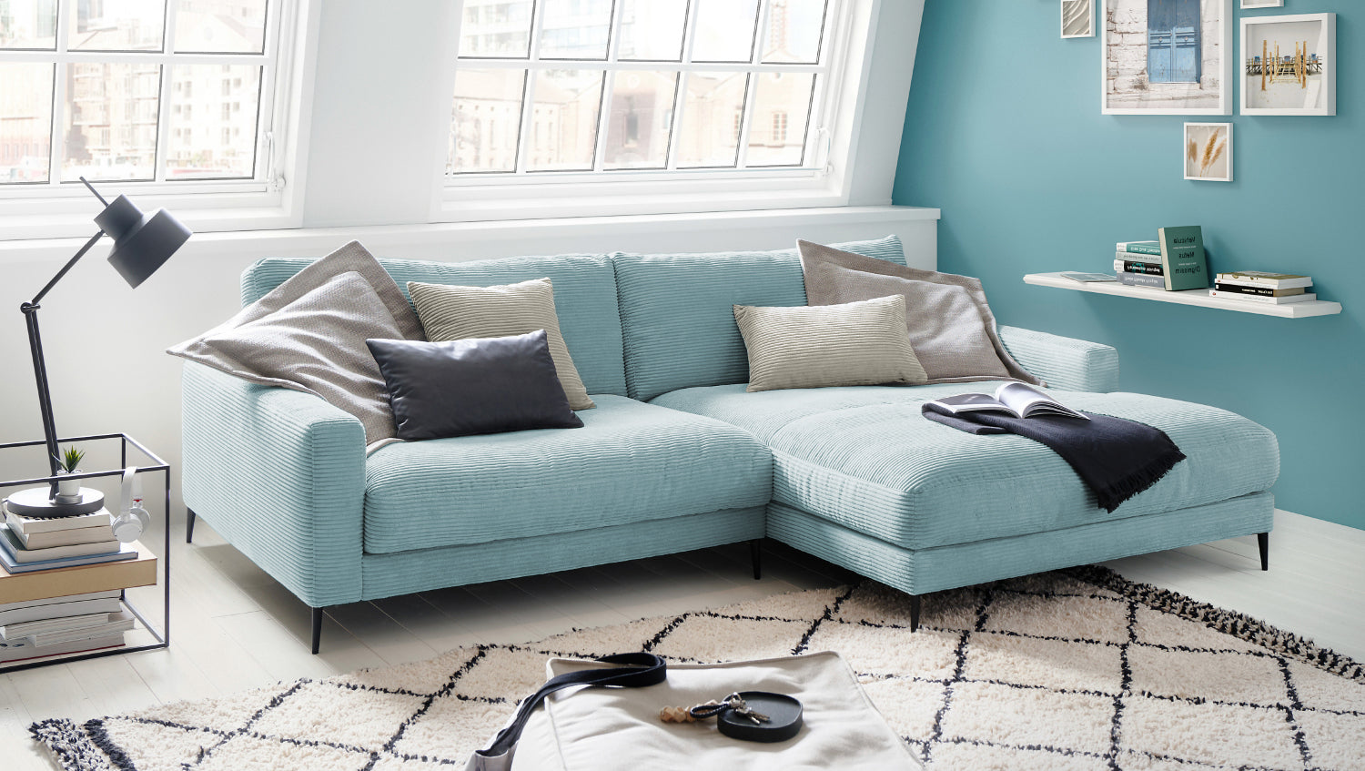 KAWOLA Ecksofa CARA Sofa Cord hellblau, Rechts