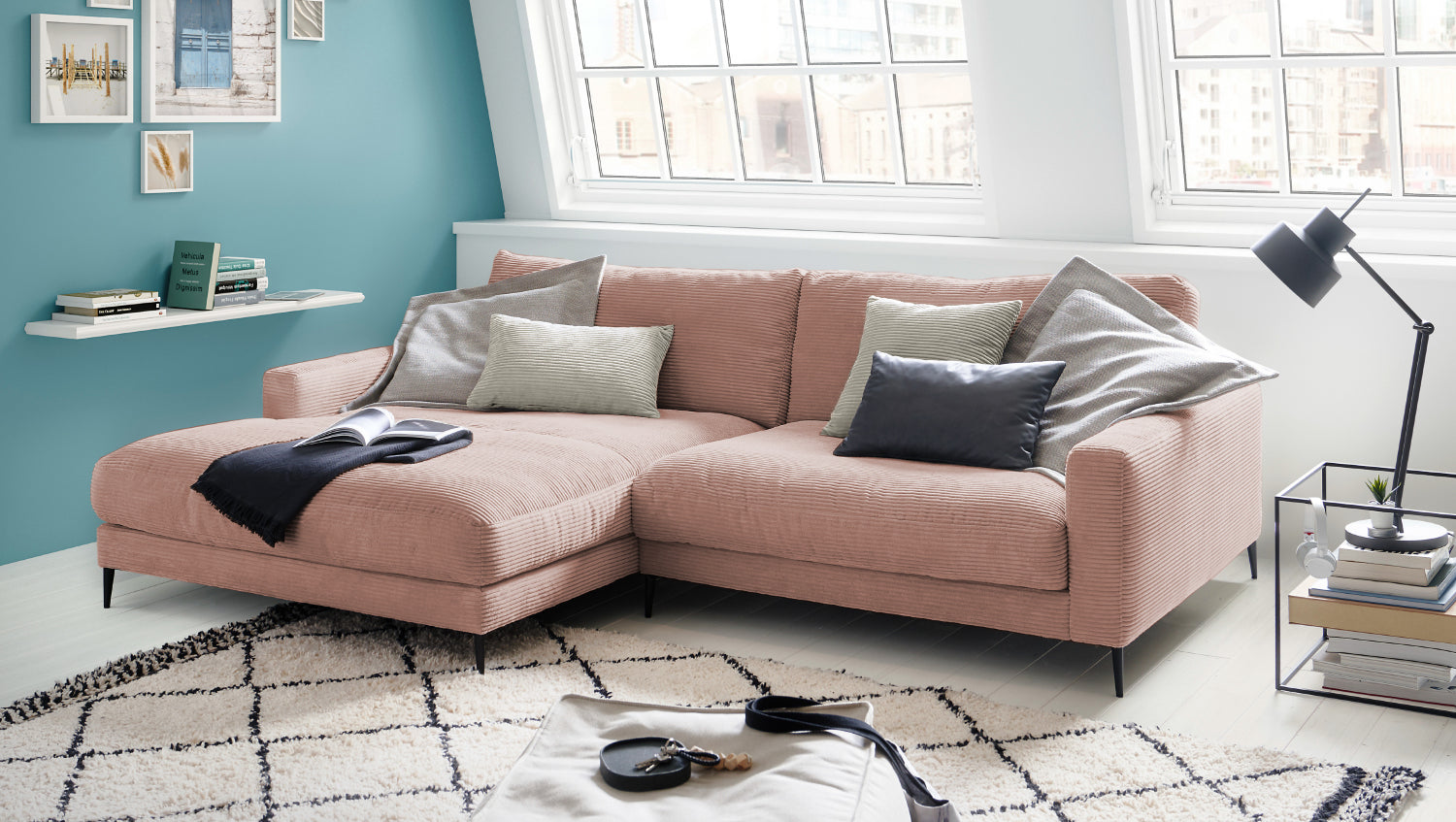 KAWOLA Ecksofa CARA Sofa Cord rosa, Links