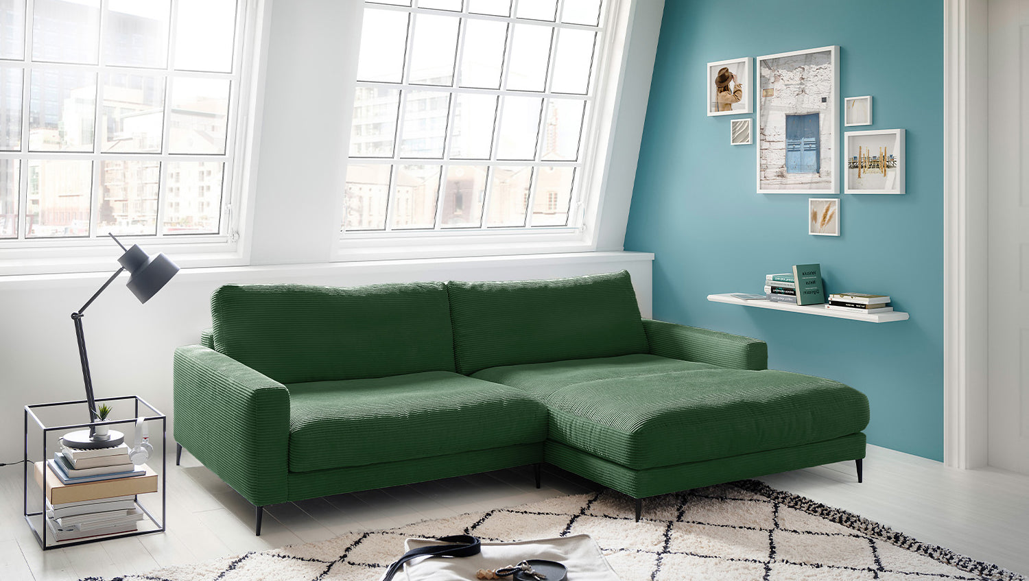KAWOLA Ecksofa CARA Sofa Cord smaragd