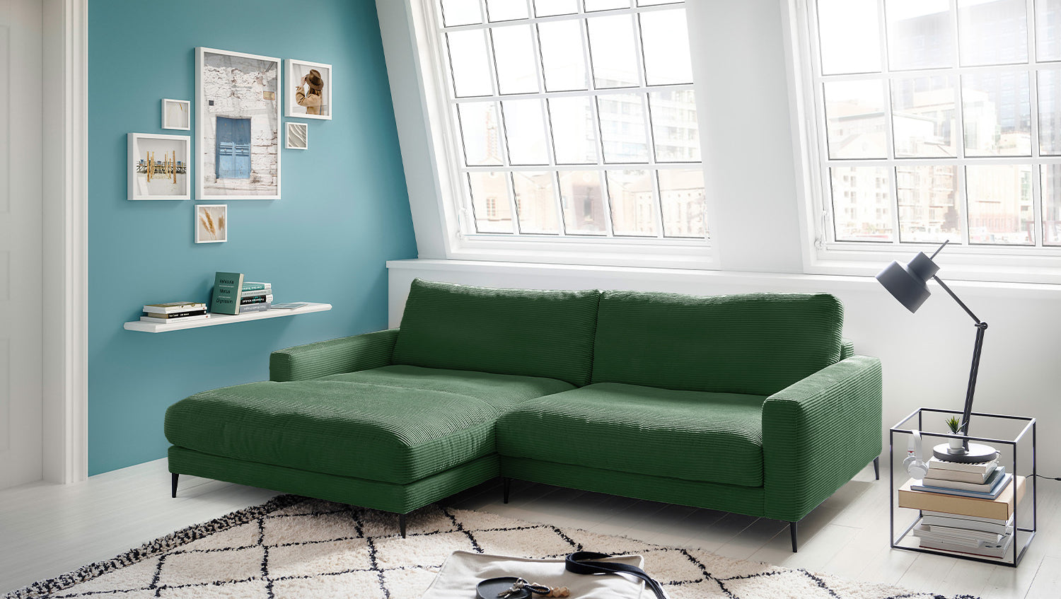 KAWOLA Ecksofa CARA Sofa Cord smaragd