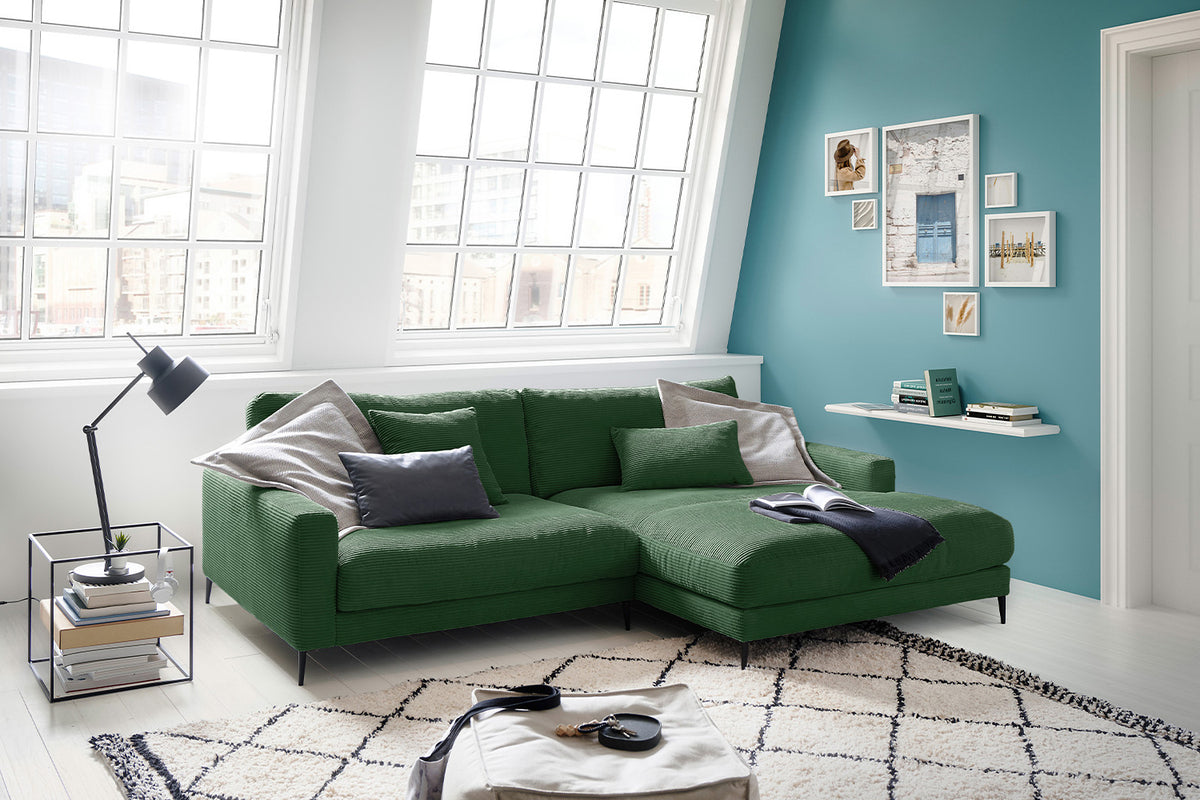 KAWOLA Ecksofa CARA Sofa Cord smaragd, Rechts