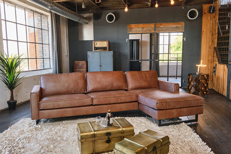 KAWOLA Ecksofa VILNIUS 3-Sitzer mit Longchair Lederfaserstoff cognac, Rechts