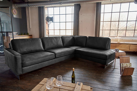 KAWOLA Ecksofa VILNIUS 3-Sitzer mit Recamiere Lederfaserstoff schwarz, Rechts