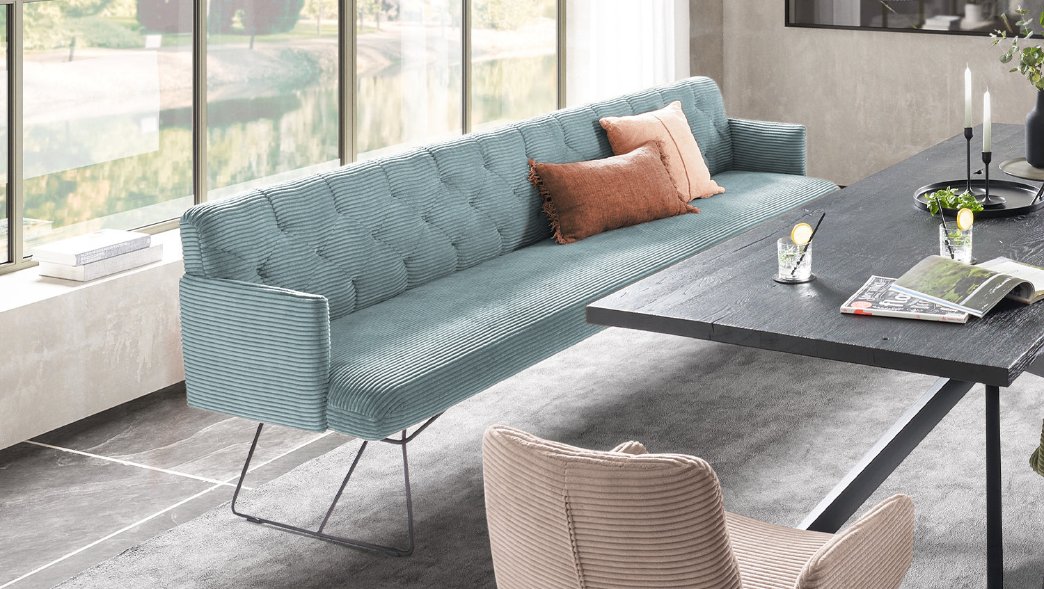 KAWOLA Esszimmerbank CHARME Cord hellblau, 5-Sitzer