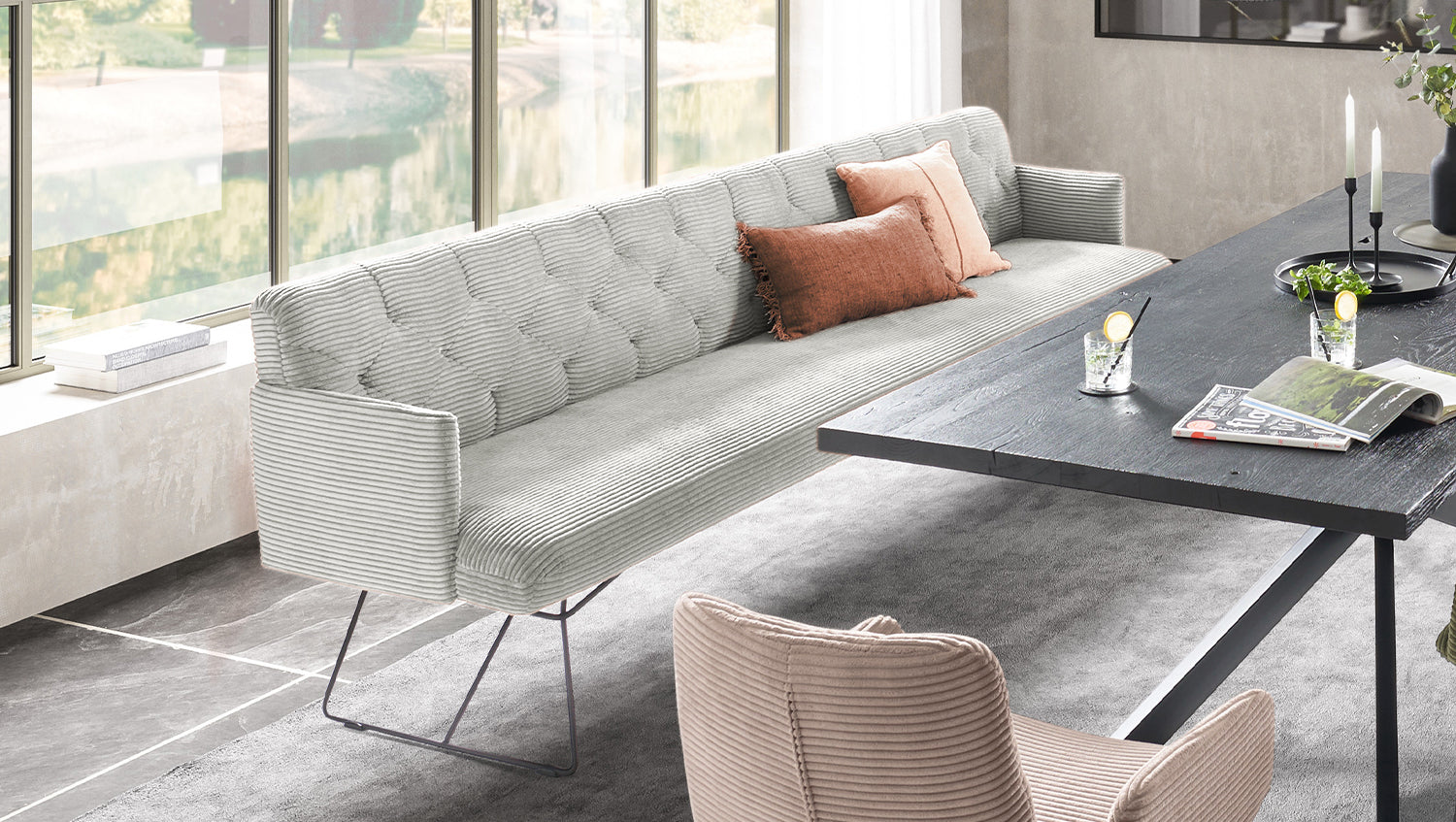 KAWOLA Esszimmerbank CHARME Cord hellgrau, 3.5-Sitzer