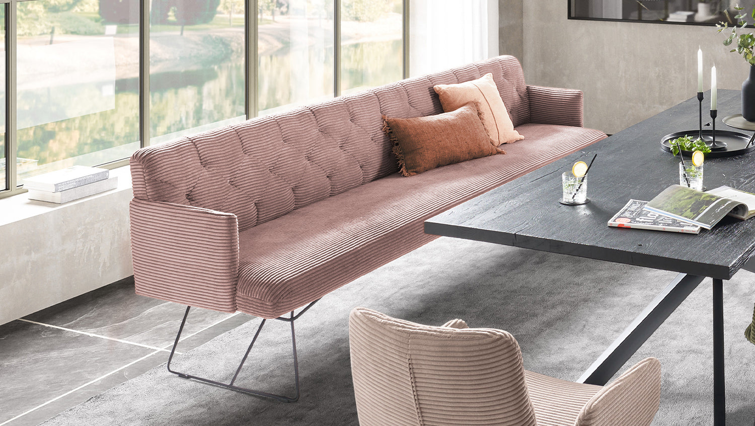 KAWOLA Esszimmerbank CHARME Cord rosa, 4-Sitzer