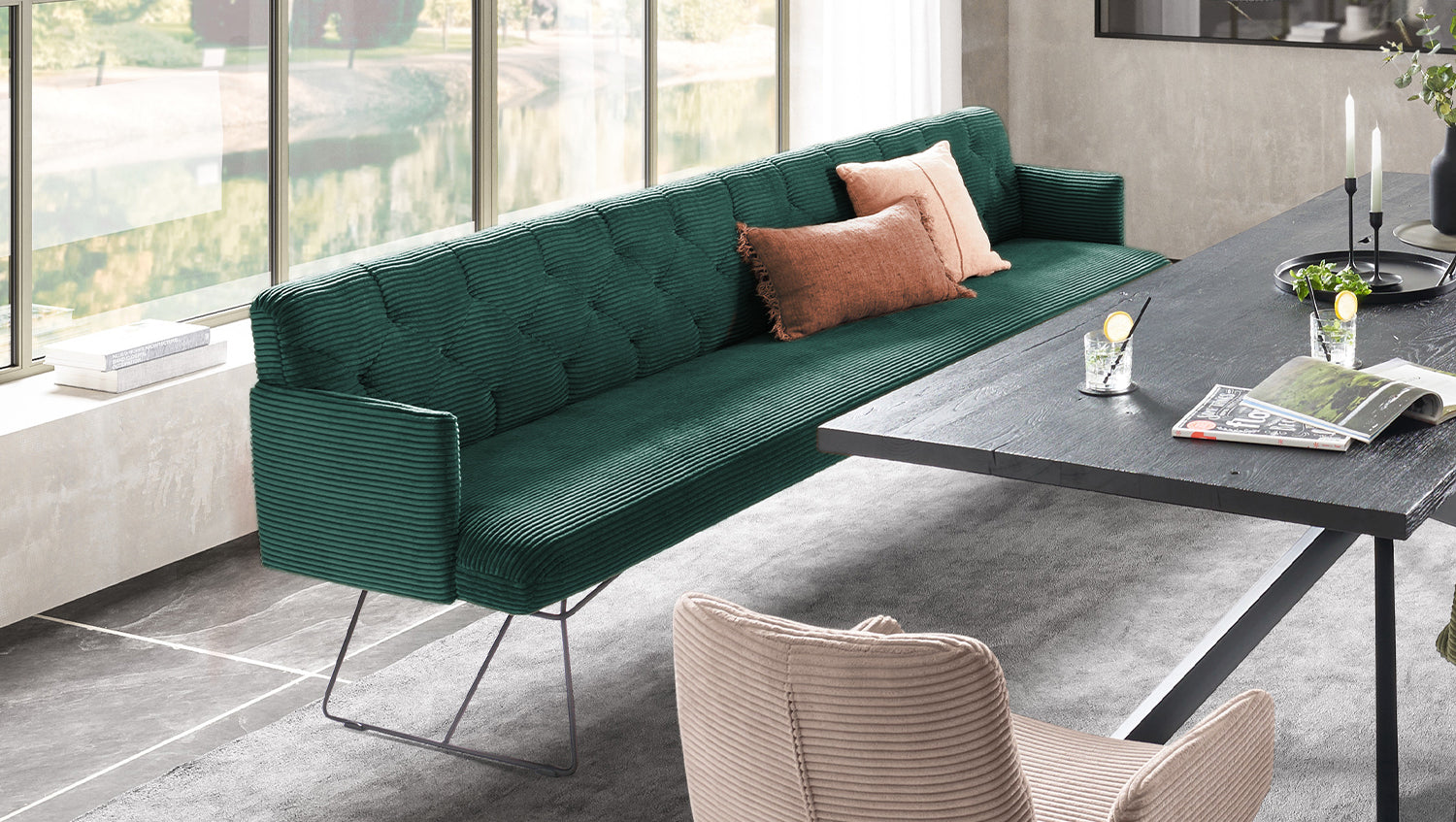 KAWOLA Esszimmerbank CHARME Cord smaragd, 4-Sitzer