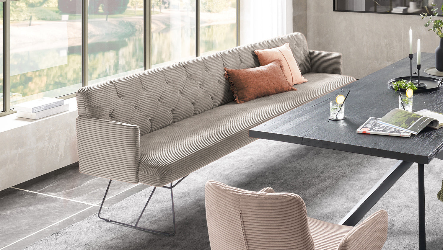 KAWOLA Esszimmerbank CHARME Cord steingrau, 4-Sitzer