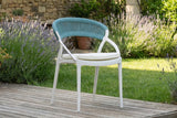 KAWOLA Gartenstuhl KISO Outdoor weiß mit Kissen Rückenlehne Rope hellblau