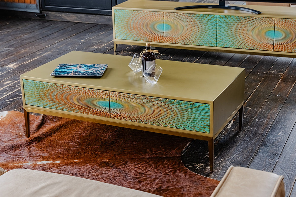 KAWOLA Lowboard LAGO TV-Board 4 Türen Glas grün Fuß Edelstahl goldfarben