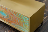 KAWOLA Lowboard LAGO TV-Board 4 Türen Glas grün Fuß Edelstahl goldfarben