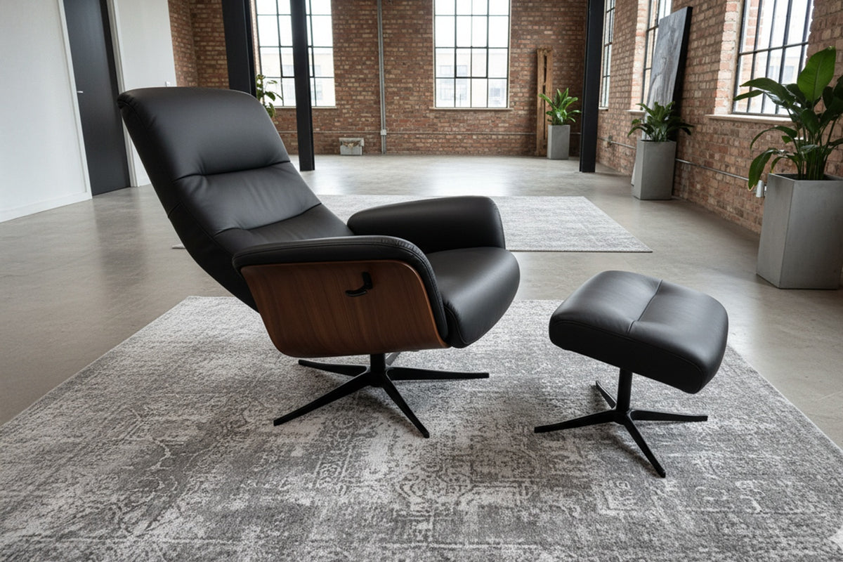 KAWOLA Relaxsessel SILVA Drehsessel Leder schwarz mit Hocker