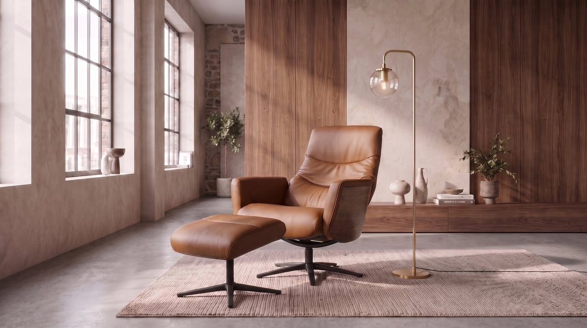 KAWOLA Relaxsessel VANITAS Drehsessel Leder braun mit Hocker