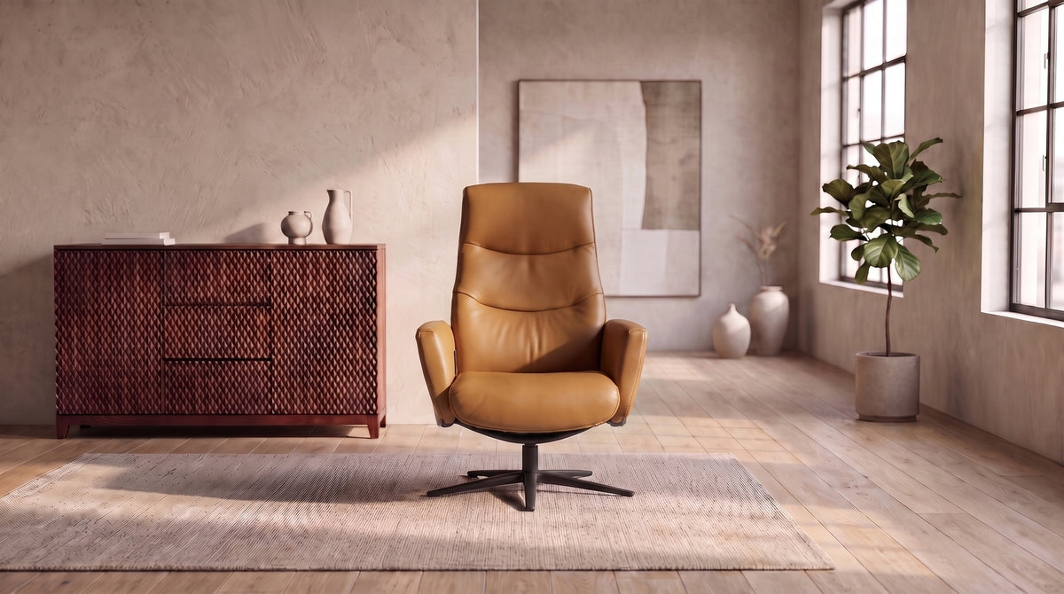 KAWOLA Relaxsessel VANITAS Drehsessel Leder cognac mit Hocker