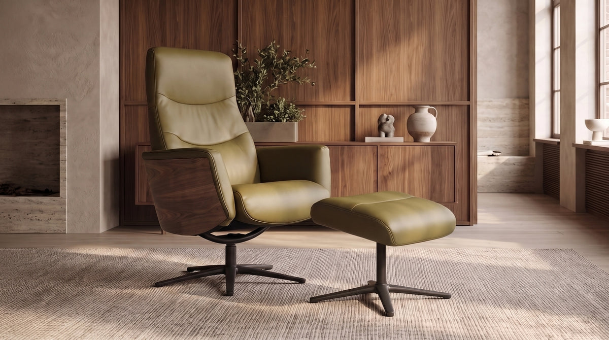 KAWOLA Relaxsessel VANITAS Drehsessel Leder olivgrün mit Hocker, Armlehne Nussbaum