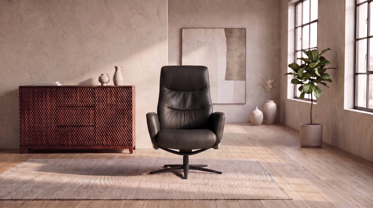 KAWOLA Relaxsessel VANITAS Drehsessel Leder schwarz mit Hocker