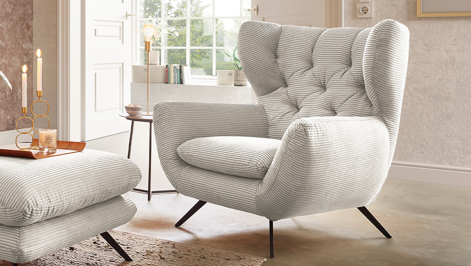 KAWOLA Sessel CHARME Hochlehnsessel Cord cremeweiß