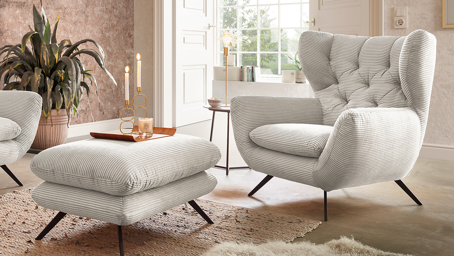 KAWOLA Sessel CHARME Hochlehnsessel Cord cremeweiß, Mit Fußhocker
