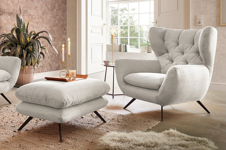 KAWOLA Sessel CHARME Hochlehnsessel Cord cremeweiß, Mit Fußhocker