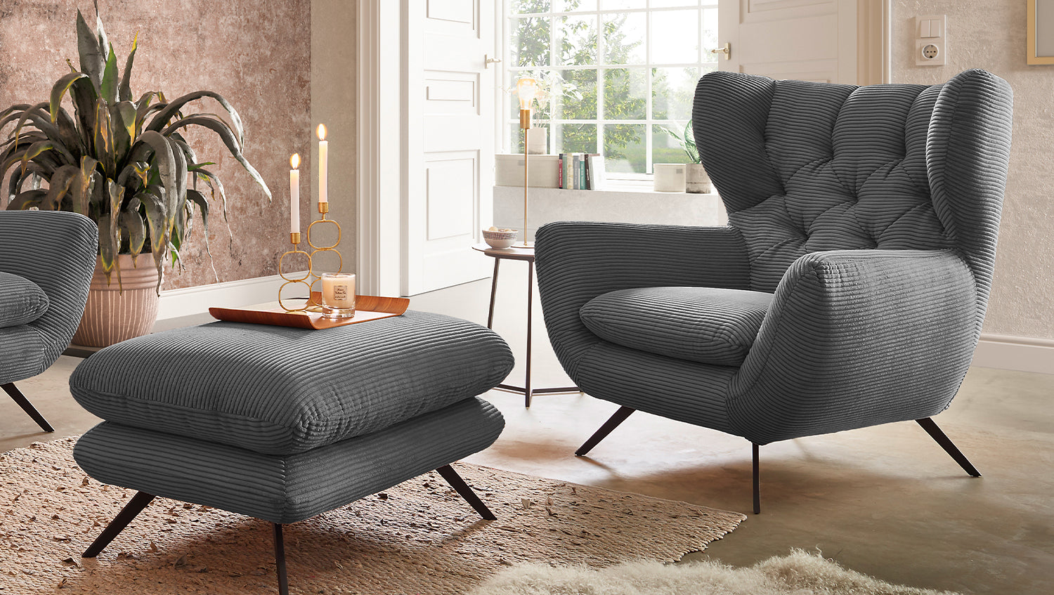 KAWOLA Sessel CHARME Hochlehnsessel Cord grau, Mit Fußhocker