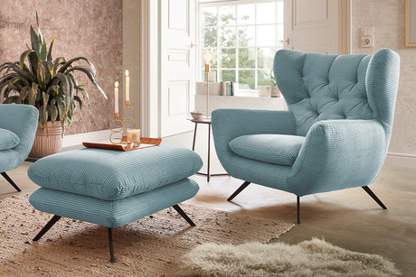KAWOLA Sessel CHARME Hochlehnsessel Cord hellblau, Mit Fußhocker