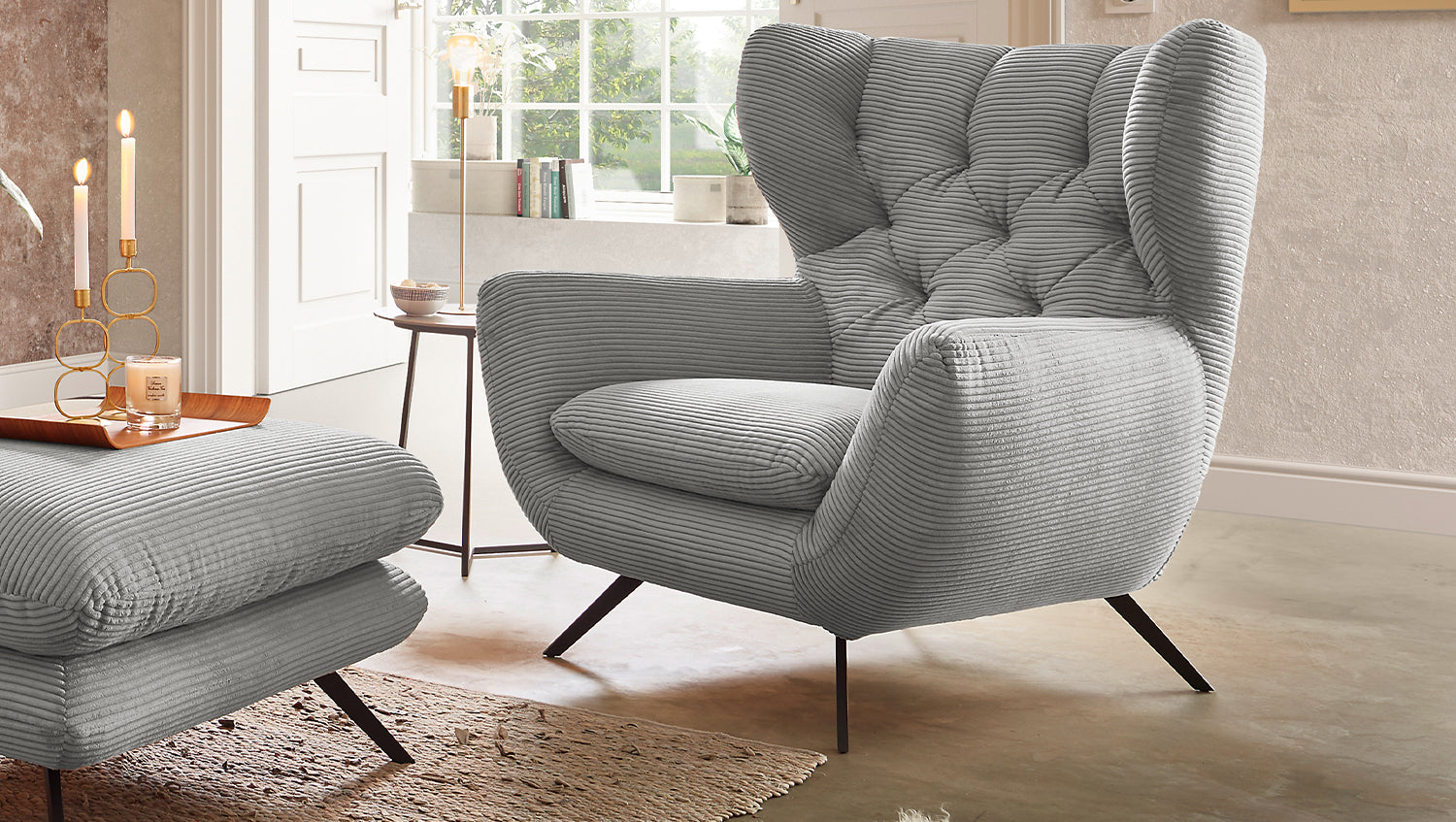 KAWOLA Sessel CHARME Hochlehnsessel Cord hellgrau