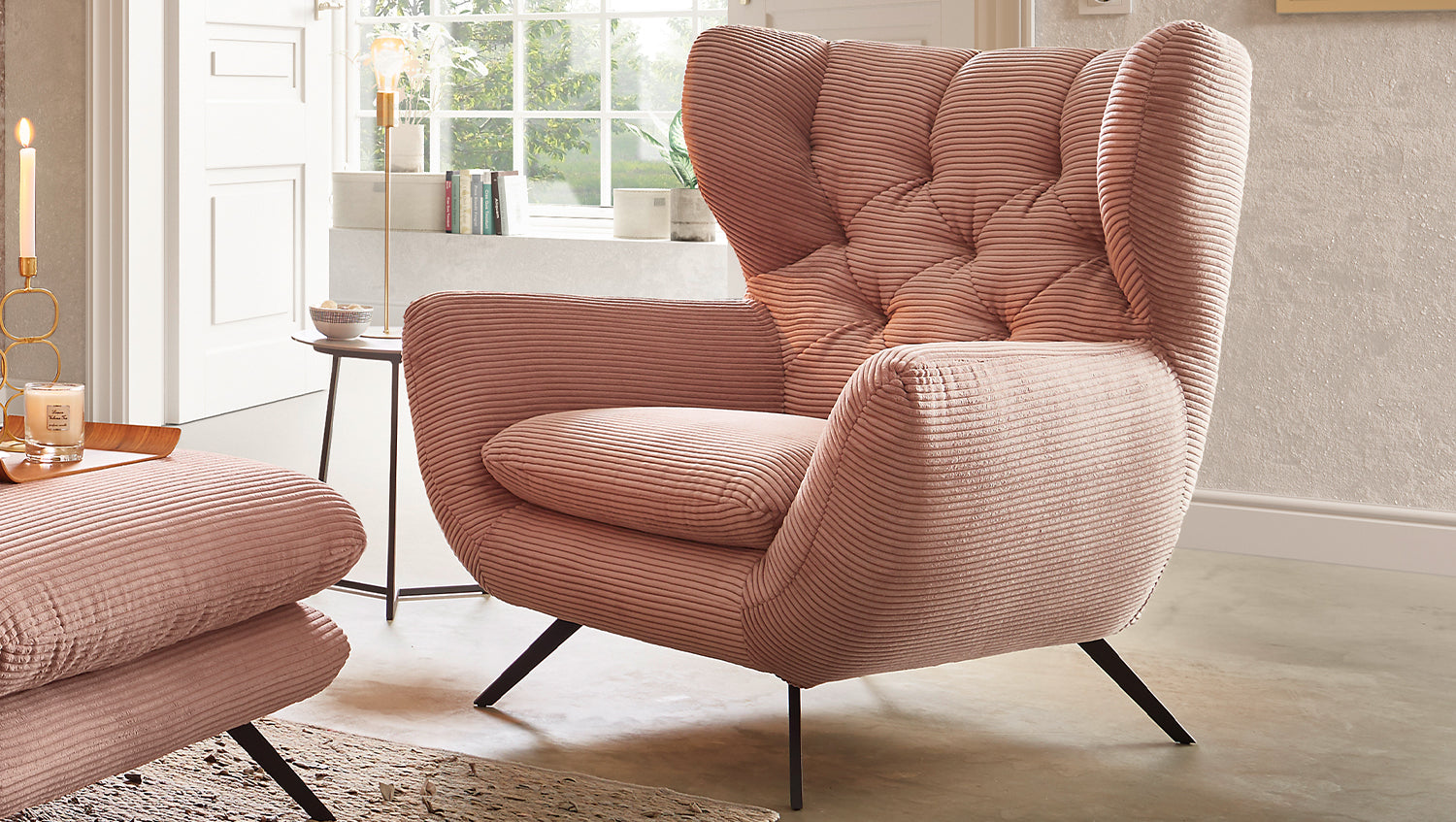 KAWOLA Sessel CHARME Hochlehnsessel Cord rosa, Ohne Zusatzausstattung