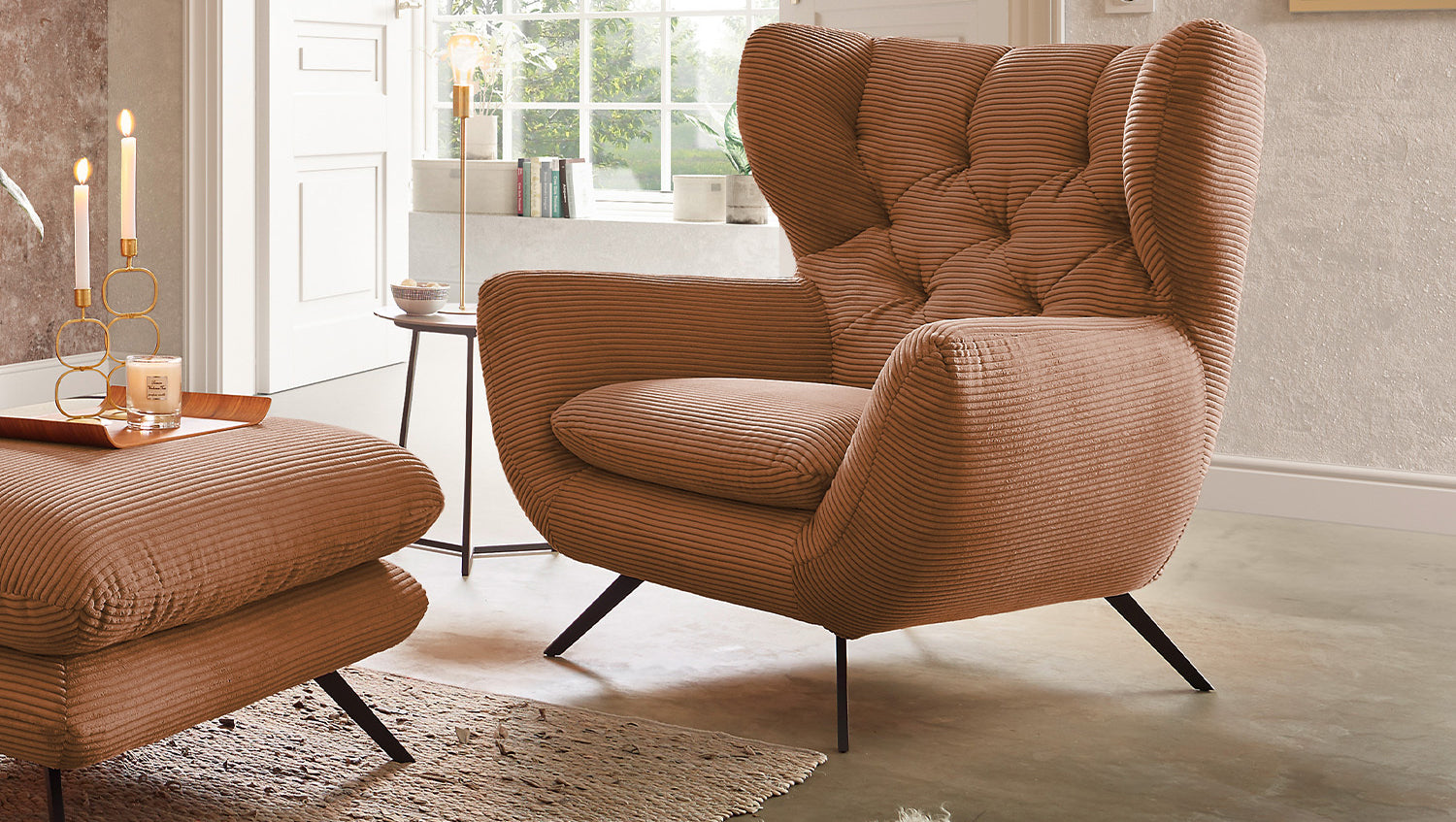 KAWOLA Sessel CHARME Hochlehnsessel Cord rost
