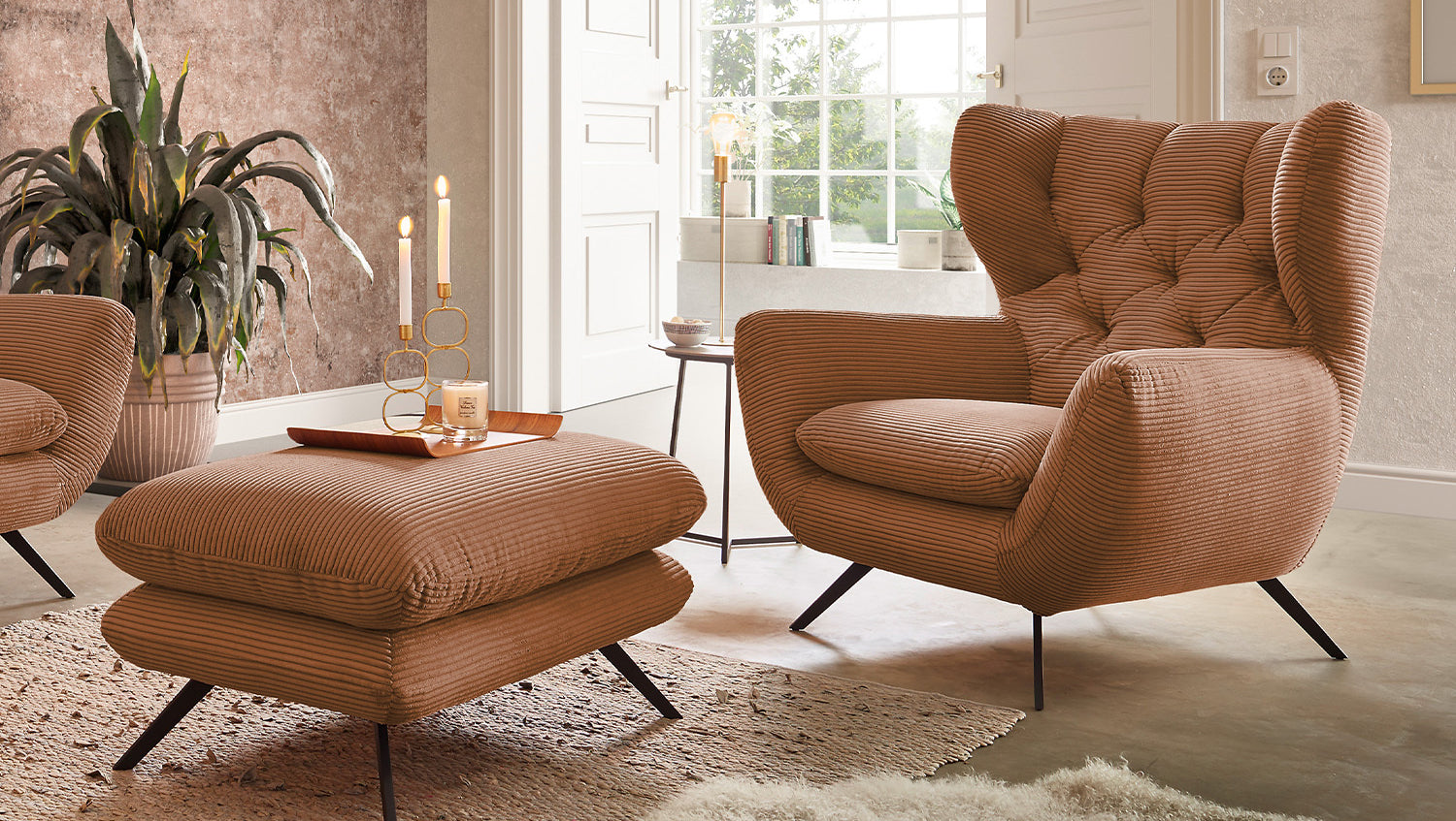KAWOLA Sessel CHARME Hochlehnsessel Cord rost, Mit Fußhocker