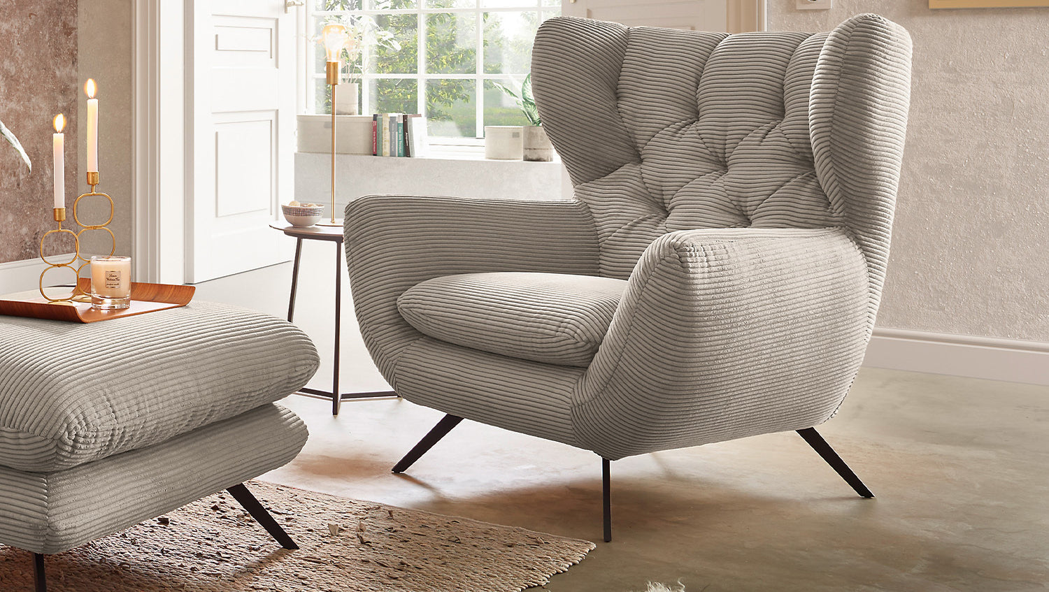 KAWOLA Sessel CHARME Hochlehnsessel Cord steingrau
