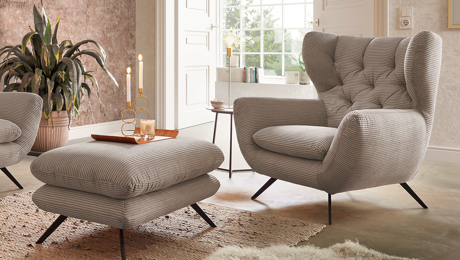 KAWOLA Sessel CHARME Hochlehnsessel Cord taupe, Mit Fußhocker