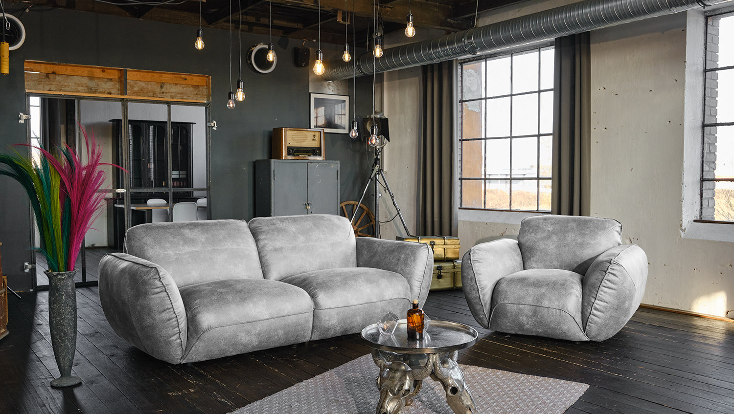 KAWOLA Sessel DAVITO Lederimitat im Vintagelook grau