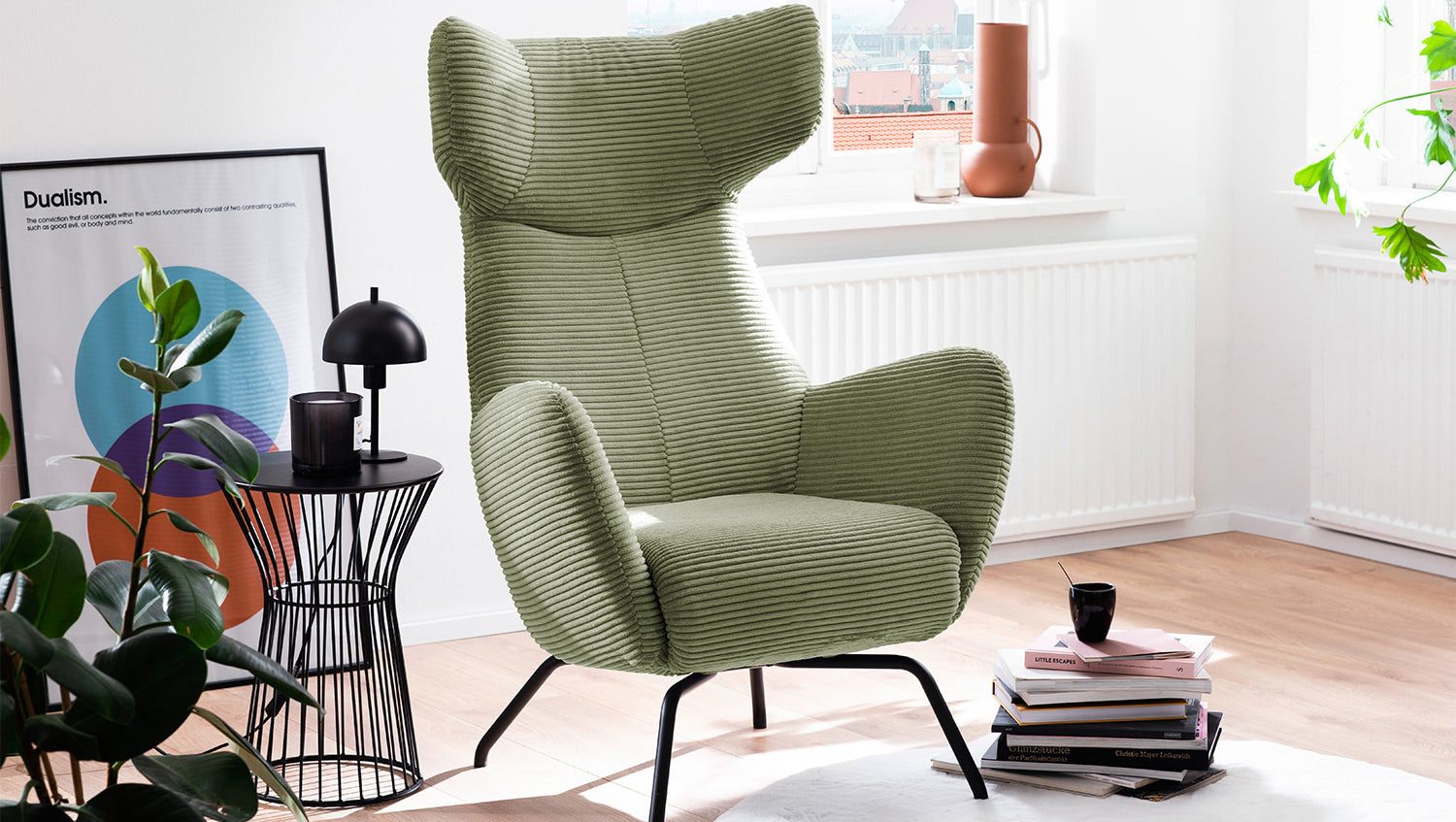 KAWOLA Sessel LOTTE Ohrensessel Cord olivgrün
