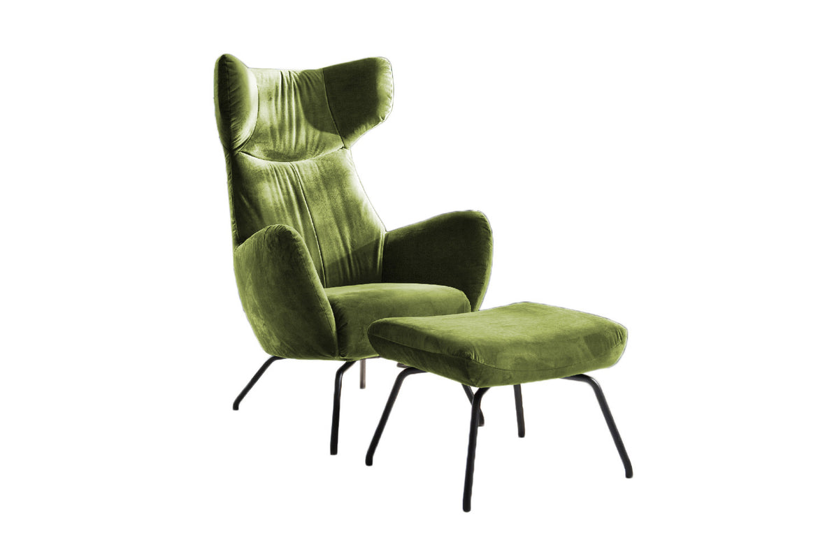 KAWOLA Sessel LOTTE Ohrensessel velvet olivgrün mit Hocker